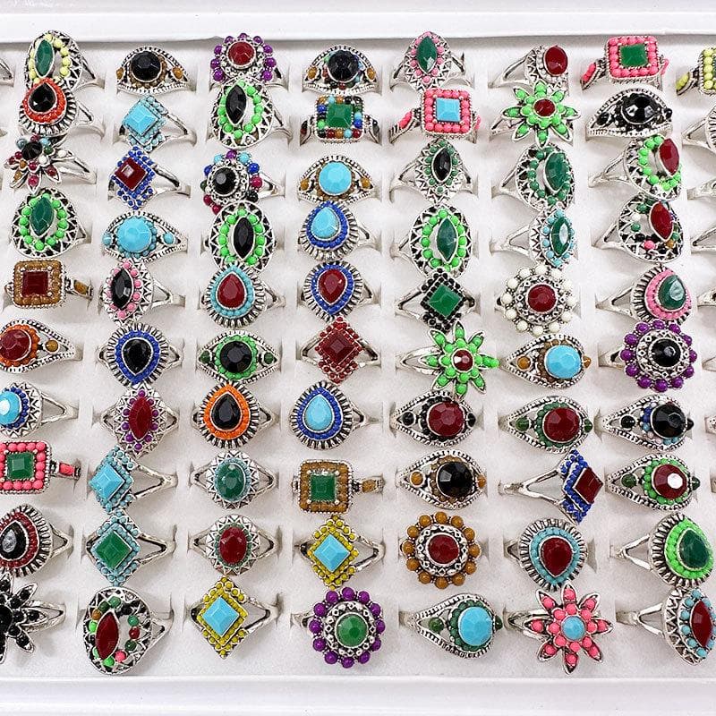 12Pcs vintage style colored stone ring simple women's ring jewelry