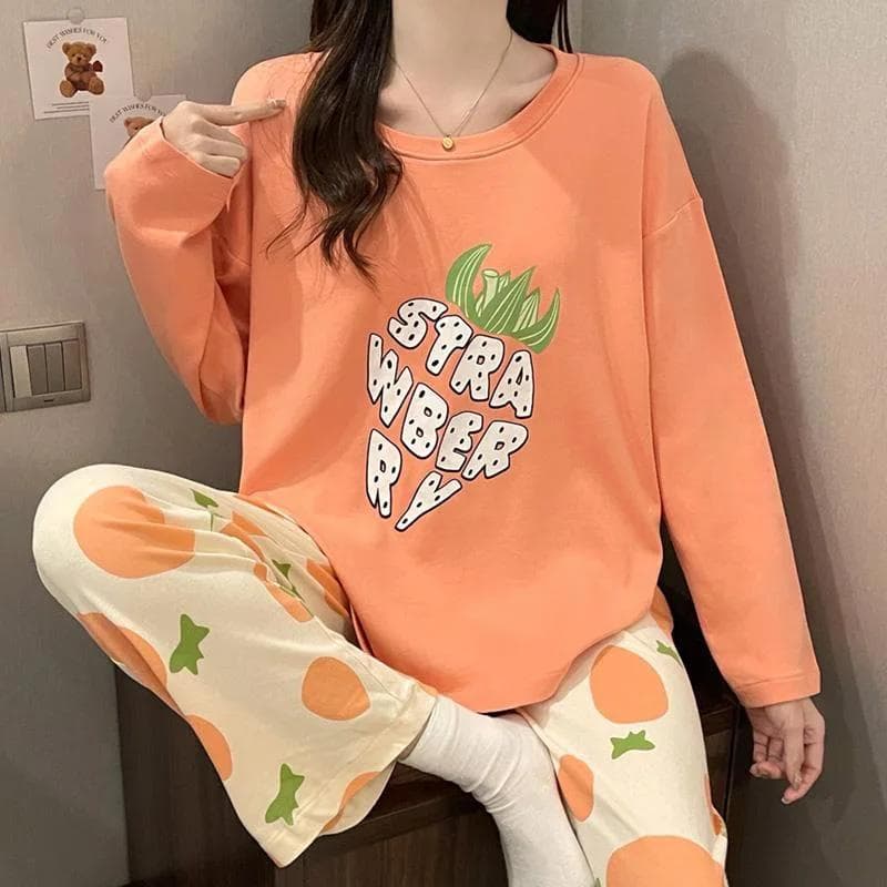 Spring and Autumn Women Pajamas Comfortable and Breathable Long Sleeve Long Pants Round Neck Cartoon Pullover Loungewear Set M