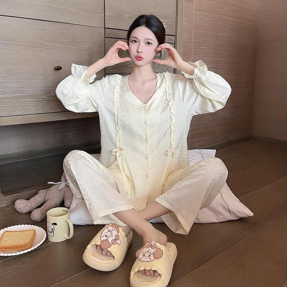 New Sweet and Cute V-shaped Pajamas for Women, Ice Silk Square Plaid Doll Collar, Comfortable Home Clothes XL yellow