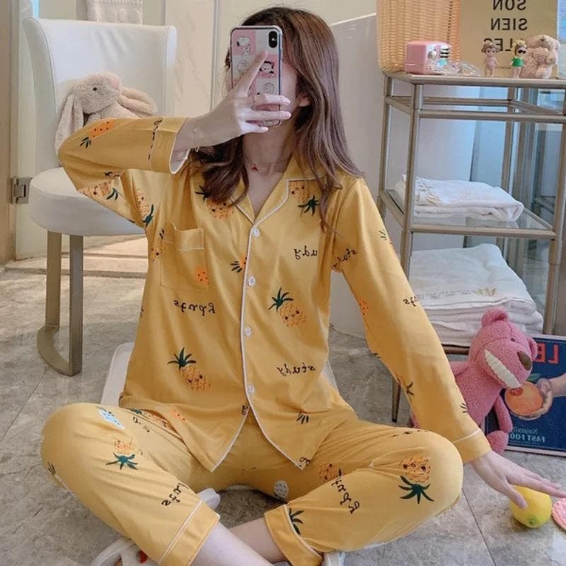 Women's Pajamas Set Long-Sleeved Trousers Nightwear Homewear Two-Piece Blue Strawberry Pattern College Students Sleepwear 2XL