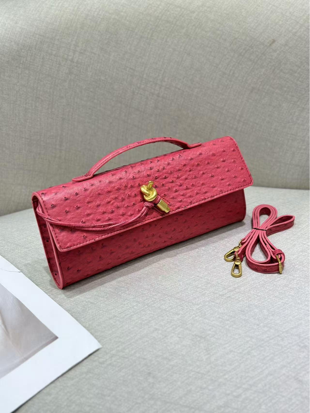 2025 Handmade Ostrich Pattern Baguette Evening Bag - Exquisite Shoulder & Crossbody Handbag Standard (Custom Hardware) magenta