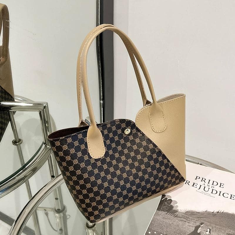 Personalized Retro Printing Handbag Fashionable Contrasting Color Splicing Hand Carrying Bucket Bag Women's Shoulder Satchel Mobile Phone Change Bag apricot