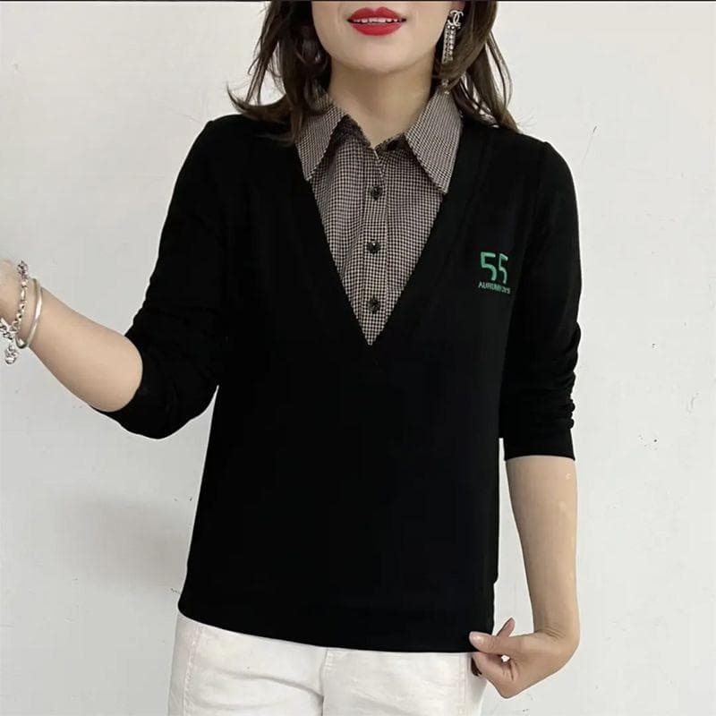 Fashionable Plaid Polo Neck Long Sleeve Mother T-shirt Spring and Autumn Korean Style Loose Flesh Covering Age Reduction Fake Two Pieces for Women 4XL