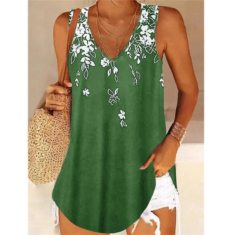 Women's Summer Tops Printing Sleeveless Blouses Ladies Casual V-neck Elegant Camisoles Vest Boho Off Shoulder Beach Wear Flower Floral Tank Tops 3XL green
