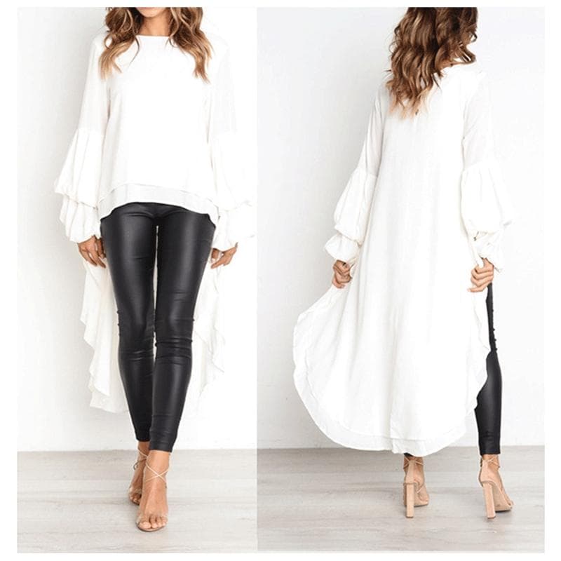 Women's Autumn Winter Long Sleeved Pullover Chiffon Shirt Irregular Chiffon Top for Women M white