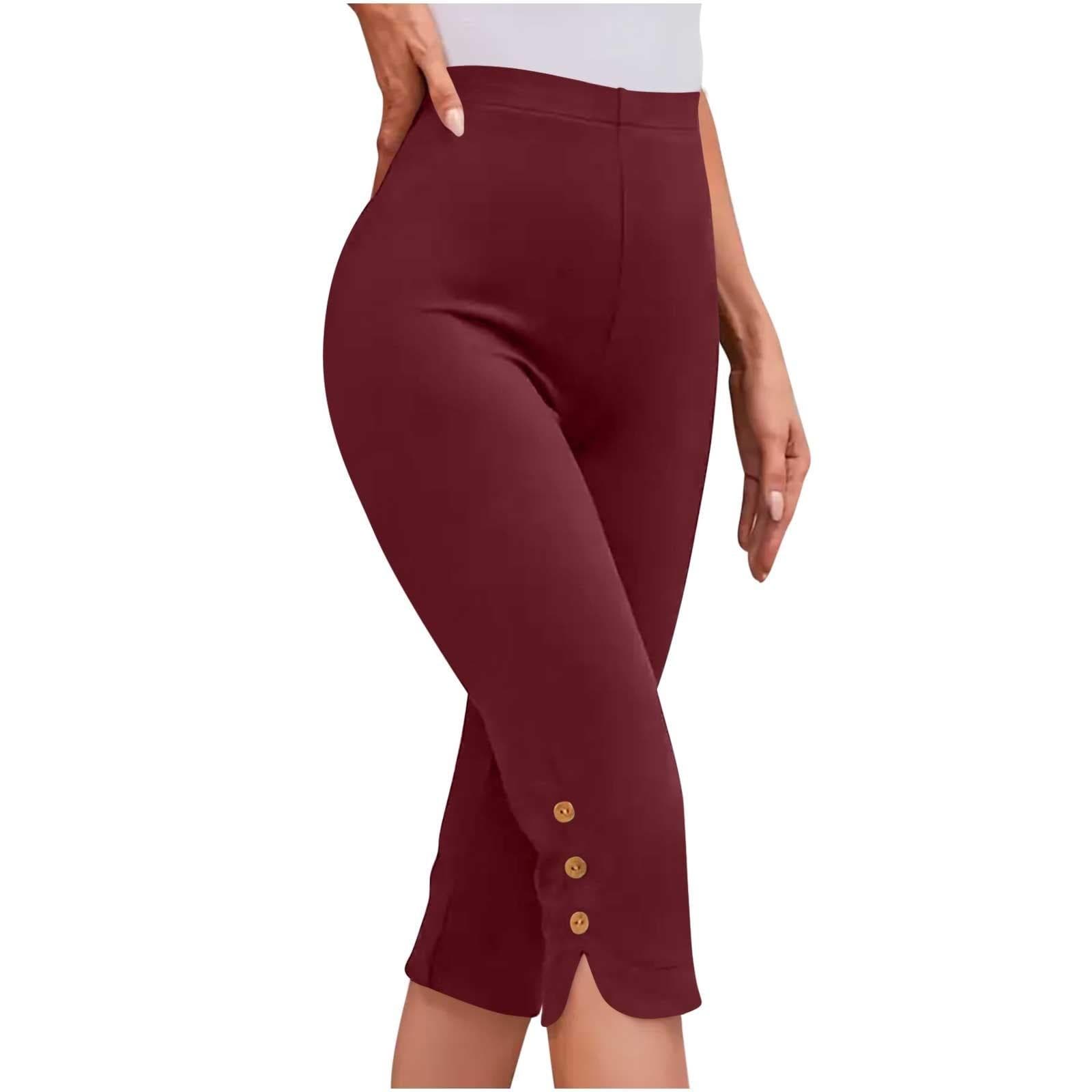 Women's Fashion Solid Color Casual Bottom Pants Button Sport Slim Seven Quarter Pants XXL wine