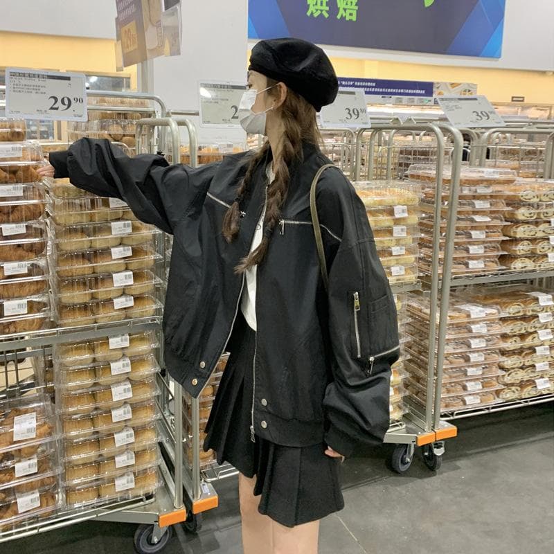 Black Baseball Uniform Jacket for Women Small Spring and Autumn New Hong Kong Style Retro College Style Casual Jacket Top XL black
