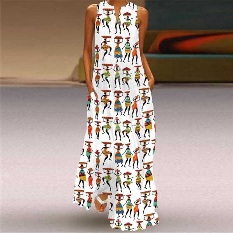 Summer Women's Dress Sleeveless Dress V-neck Print Dress M