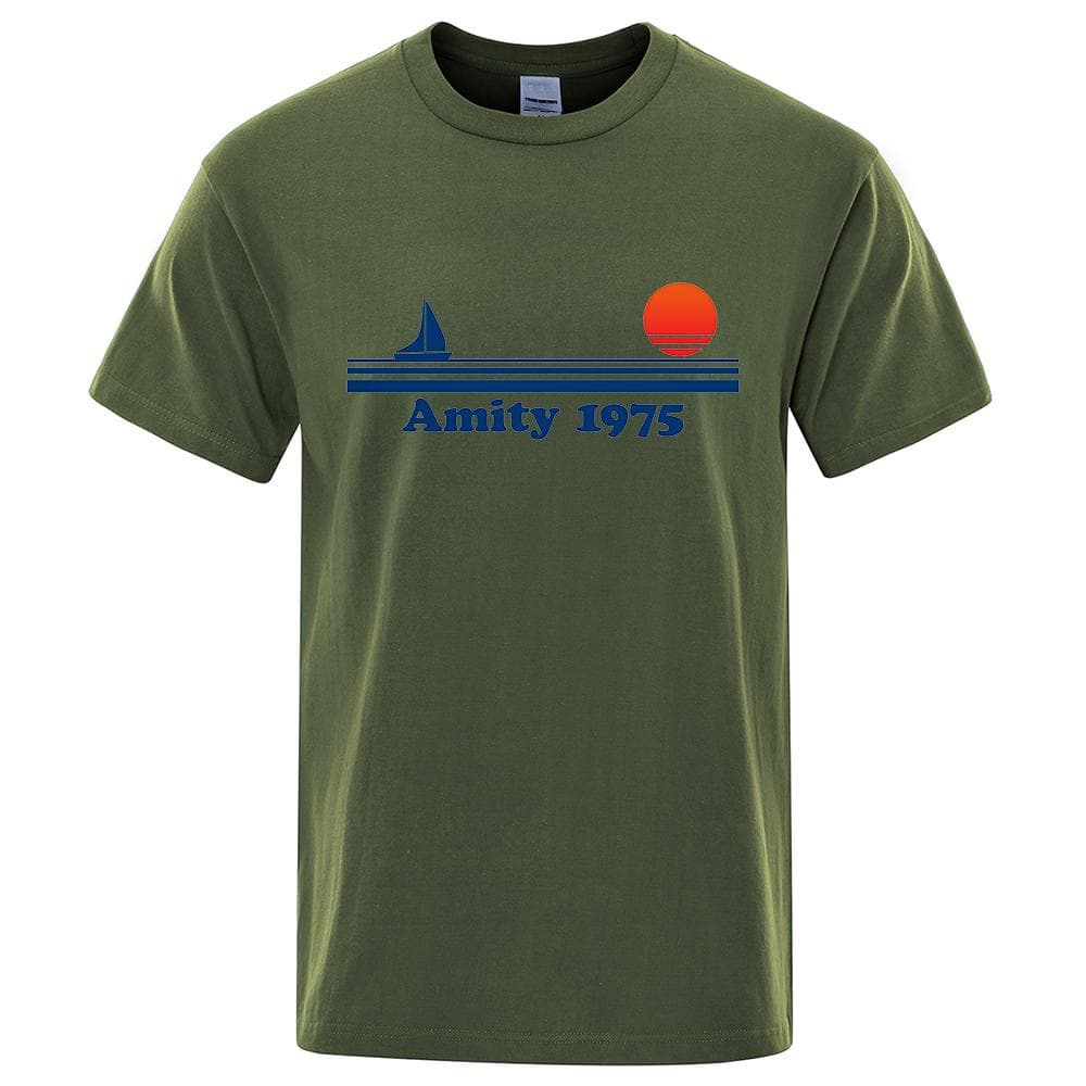 cotton Amity 1975 - Jaws Retro Print Tshirt Men Creativity Sweat Clothing Fashion Tee Clothes T Shirts Breathable Cotton T-Shirts Man XL dark green