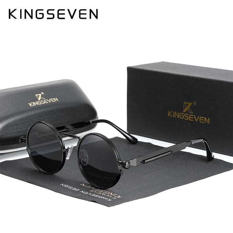 KINGSEVEN High Quality Gothic Steampunk Sunglasses Polarized Men Women Brand Designer Vintage Round Metal Frame Sun Glasses M black