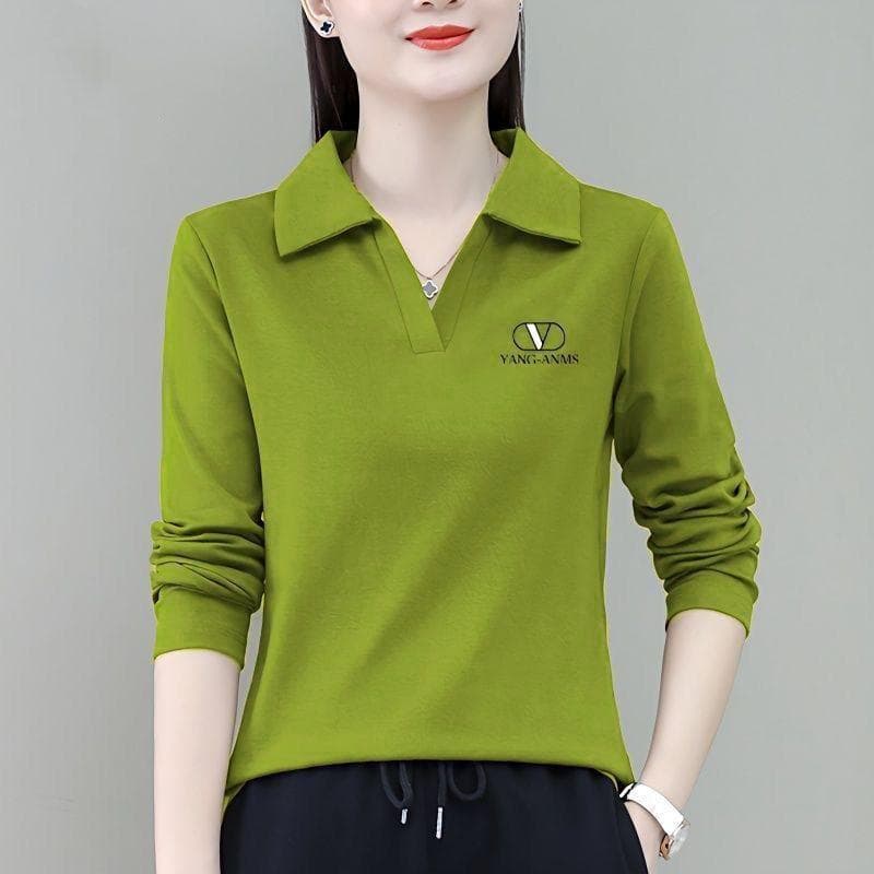 Solid Color Lapel T-shirt for Women with Spring and Autumn Women's Clothing New Long-sleeved Bottoming Shirt Top XL