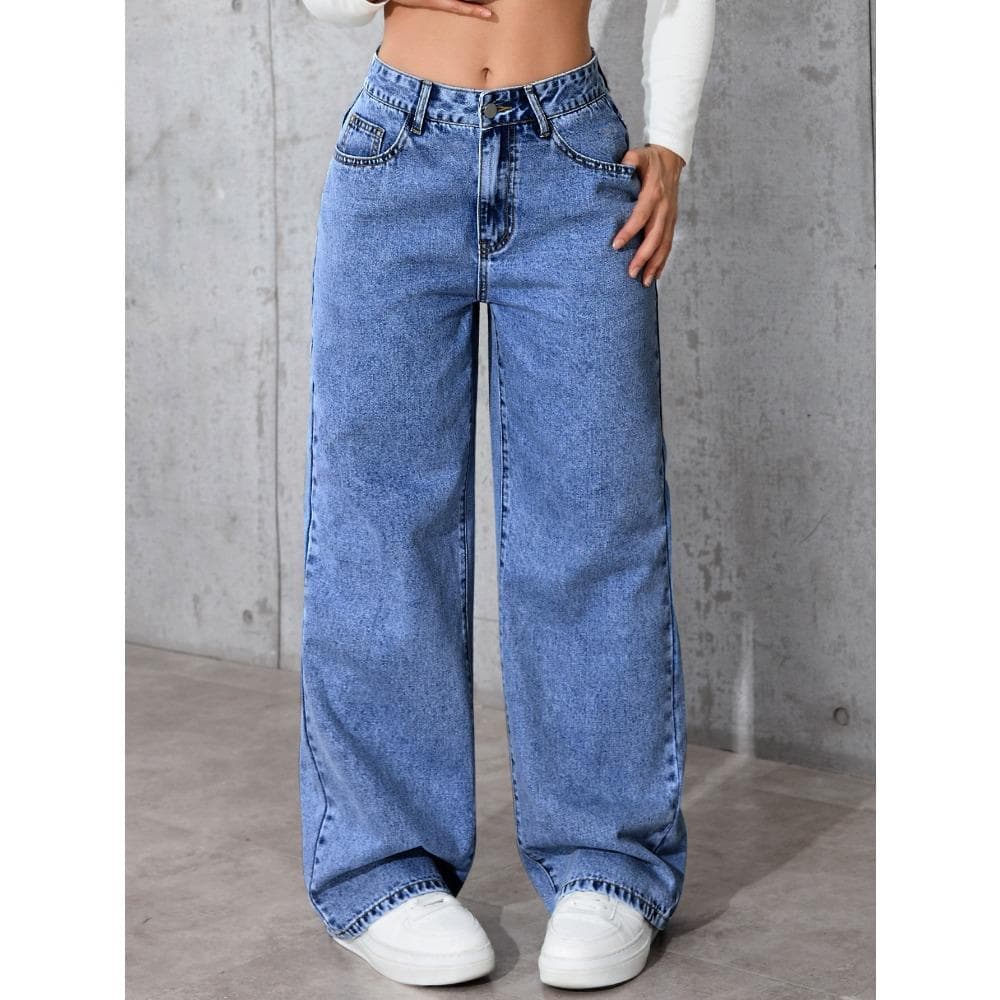 Women's High Waist Straight Leg Jeans, Loose Wide Leg Denim Pants, Acid Washed Light Blue Stretchy Jeans with Pockets, Casual Office Work Trousers XL medium blue