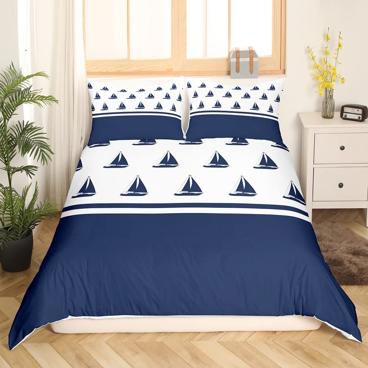Nautical Sailboat King Queen Duvet Cover Coastal Sailing Boat Bedding Set Sea Adventure Comforter Cover Polyester Quilt Cover 228x228cm 3pcs