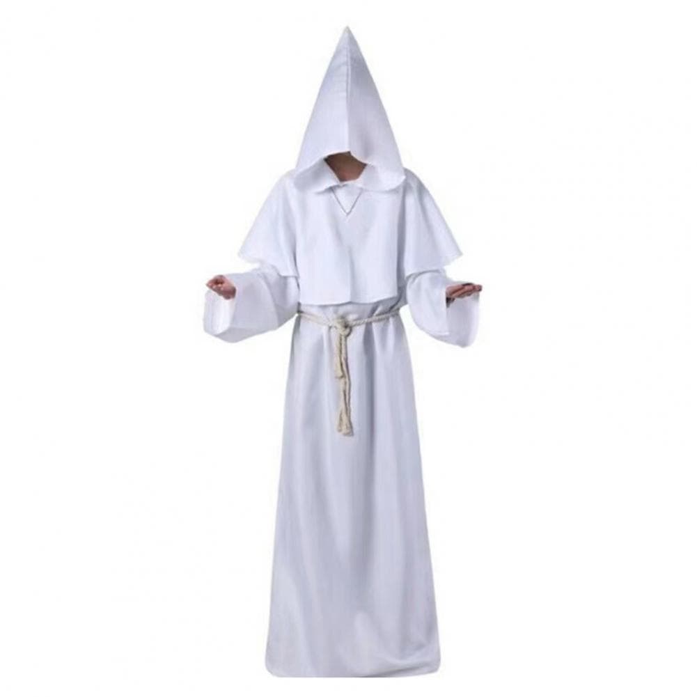 Halloween Cape Set Wizard Halloween Cosplay Role Play Medieval Monk Friar Robe Hooded Solid Color Tight Waist Priest Costume Anc M white