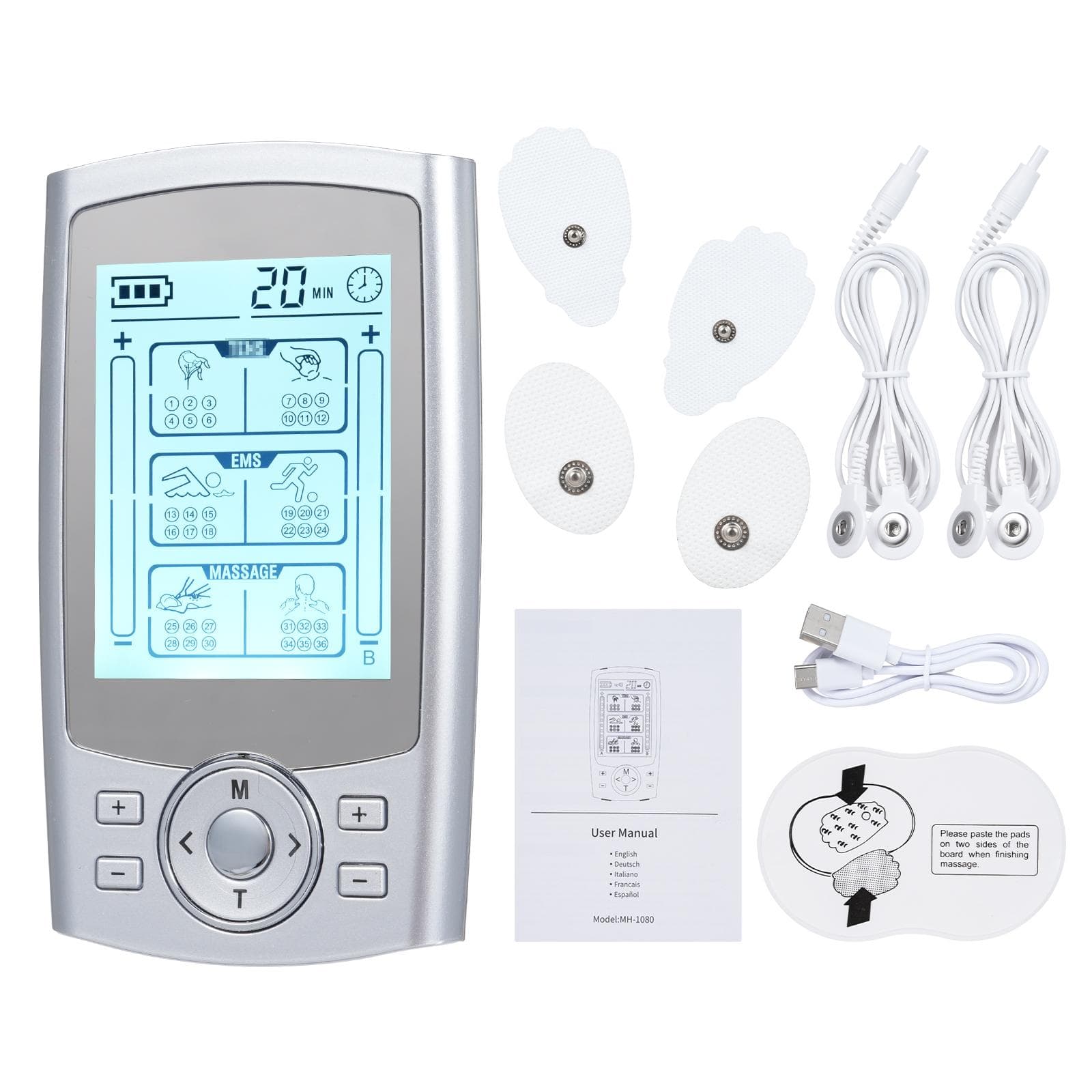 2 Channels Electric Muscle Stimulation Device with 36 Modes and 20 Strength Levels Adjustable Pulse silver