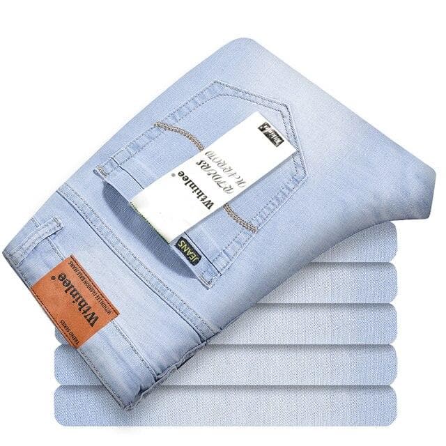 Brand Men 'S Thin Jeans 2021 Summer New Style Business Casual Slim Fit Elastic Classic Style Trousers Sky Blue Pants Male Size28 - 32