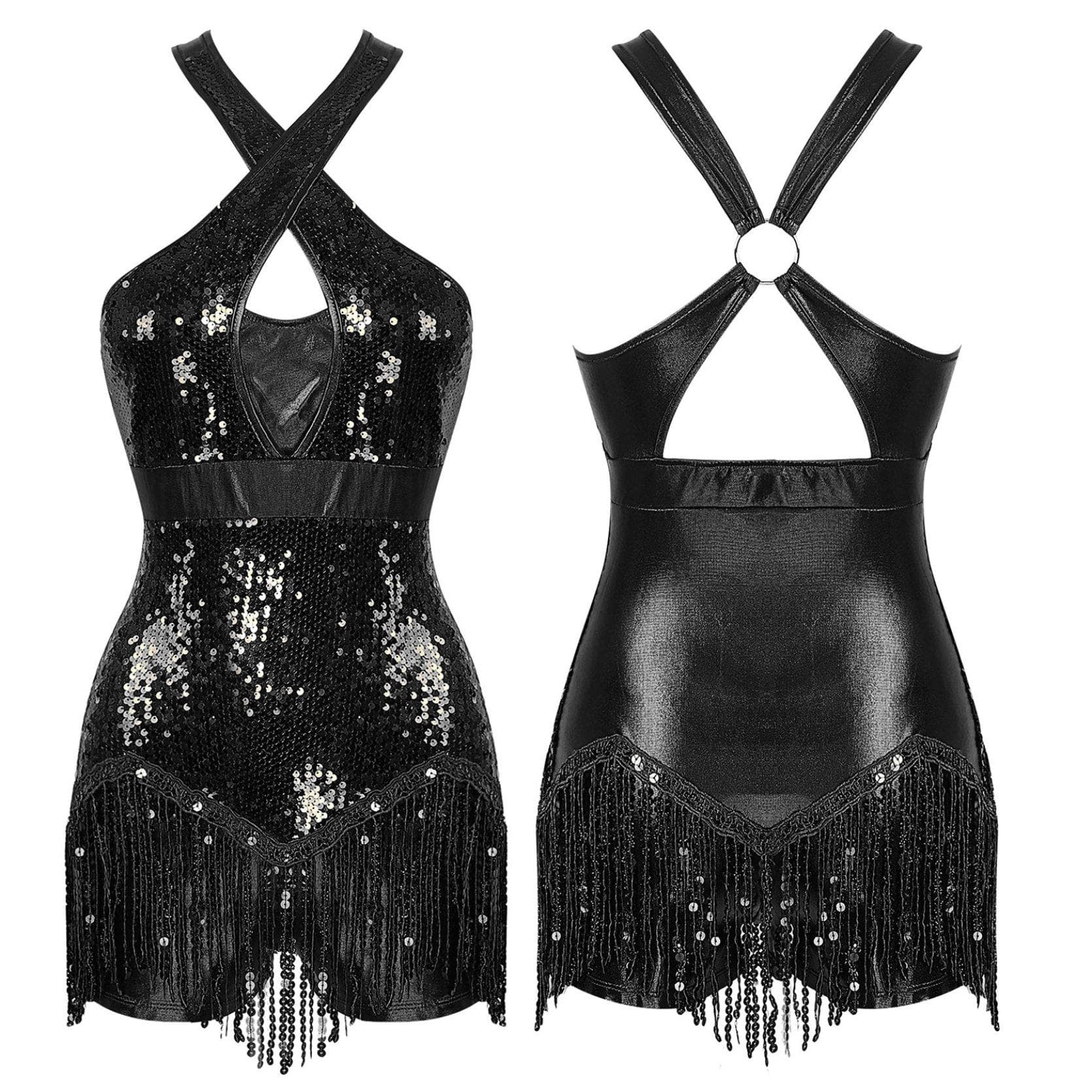 Women's One Piece Tassels Shiny Sequins Ballroom Latin Dance Leotard Flowy Fringe Bodysuit Dancewear M black