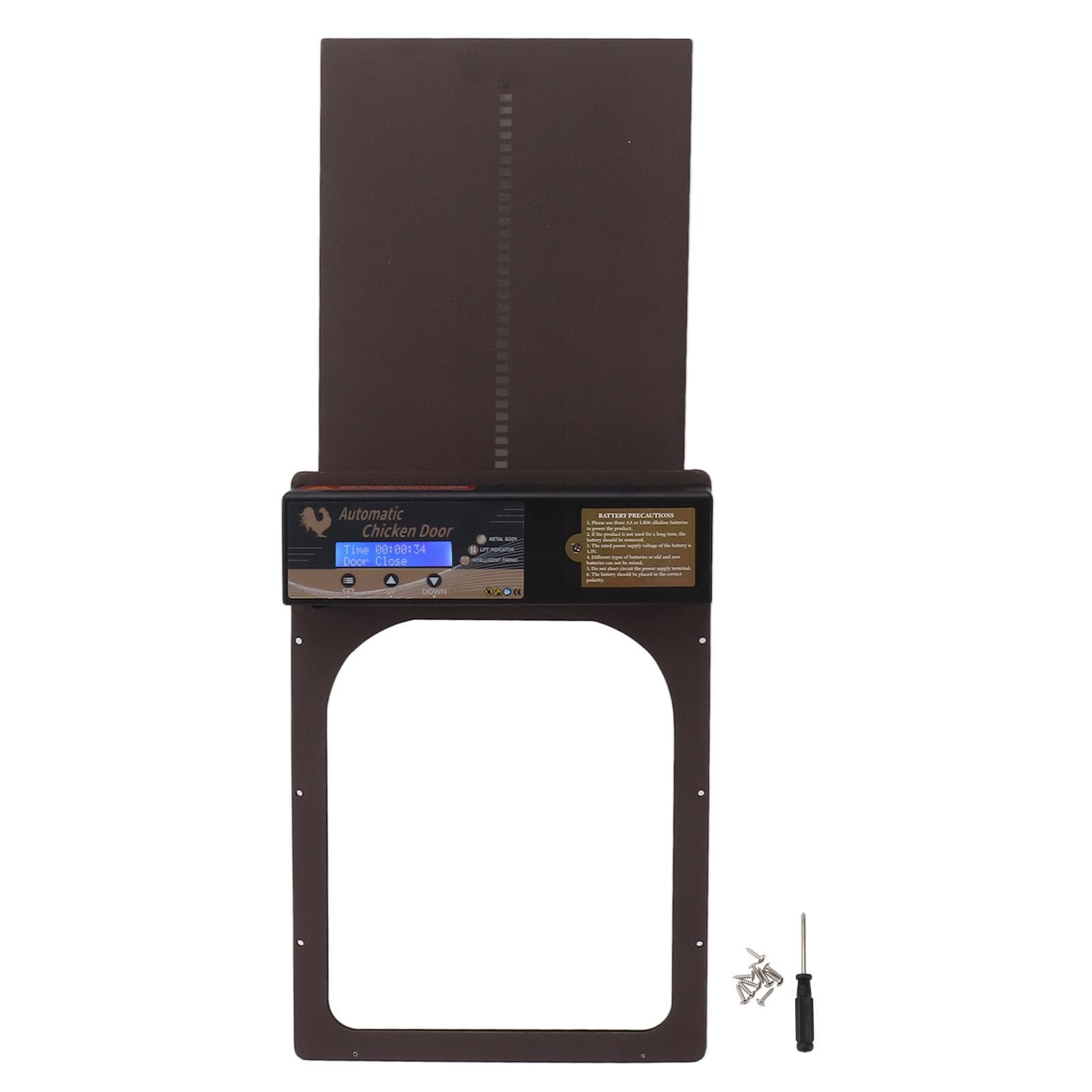 Auto Chicken Coop Door with Timer Aluminum Alloy IP45 Waterproof LED Screen Battery Powered Auto brown