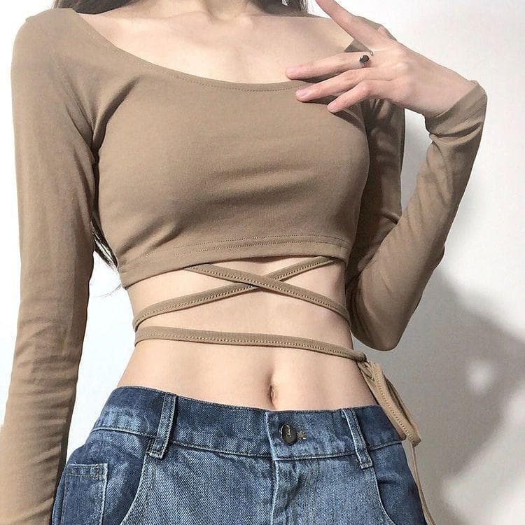 Sexy T-shirt Female Long-sleeved Bottom Shirt Short Tight-fitting Top Female Y2k Tops L khaki