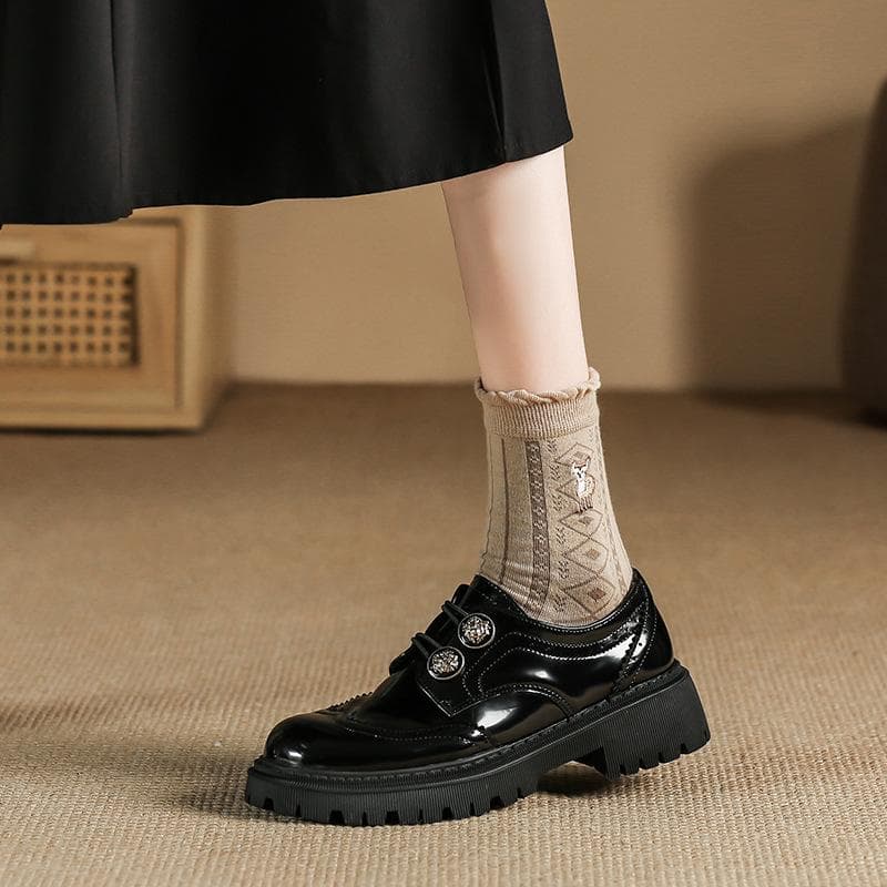 Loafers Leather Women's Soft Leather Shoes with A Round Toe British Gold Buckle Women's Shoes Block Heel Booster Shoes 40