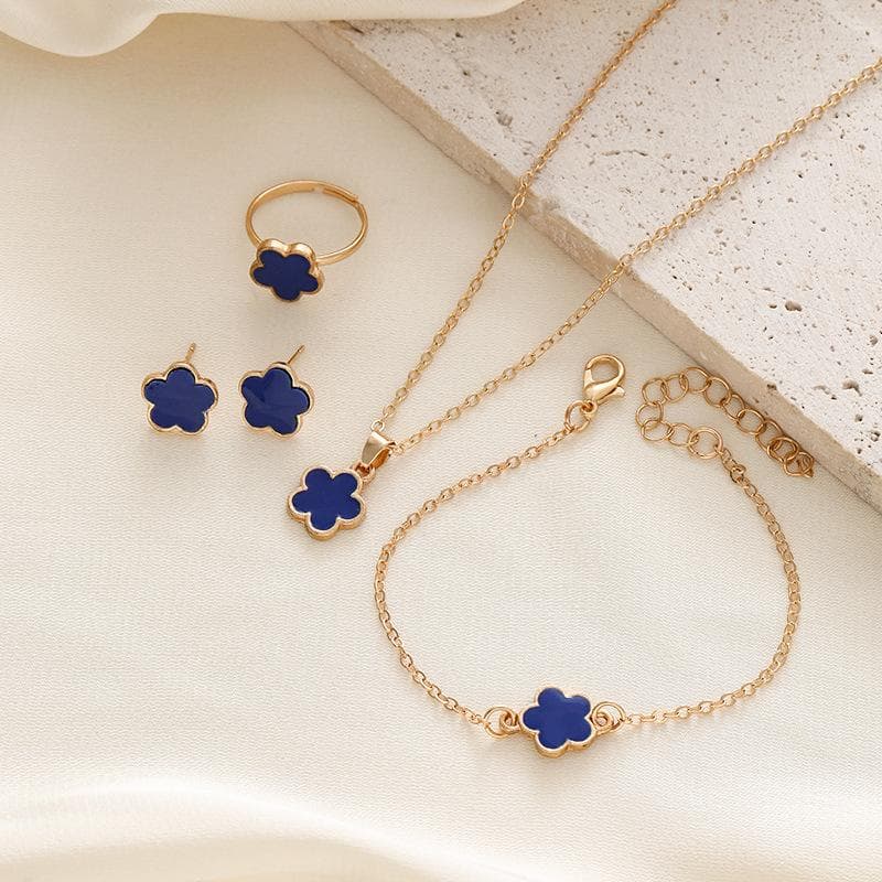 4PCS Lucky Clover Fashion Five Flower Stainless Steel FritillariaBracelet Necklace Ring Earring Set Women's Jewelry 4PCS blue