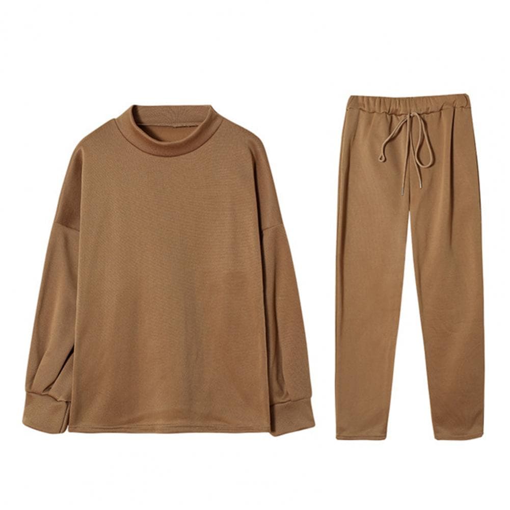 2 Pcs/Set Women Top Pants Set High Collar Long Sleeves Solid Color Sweatshirt Drawstring Elastic Waist Loose Trousers Sport Outf M coffee