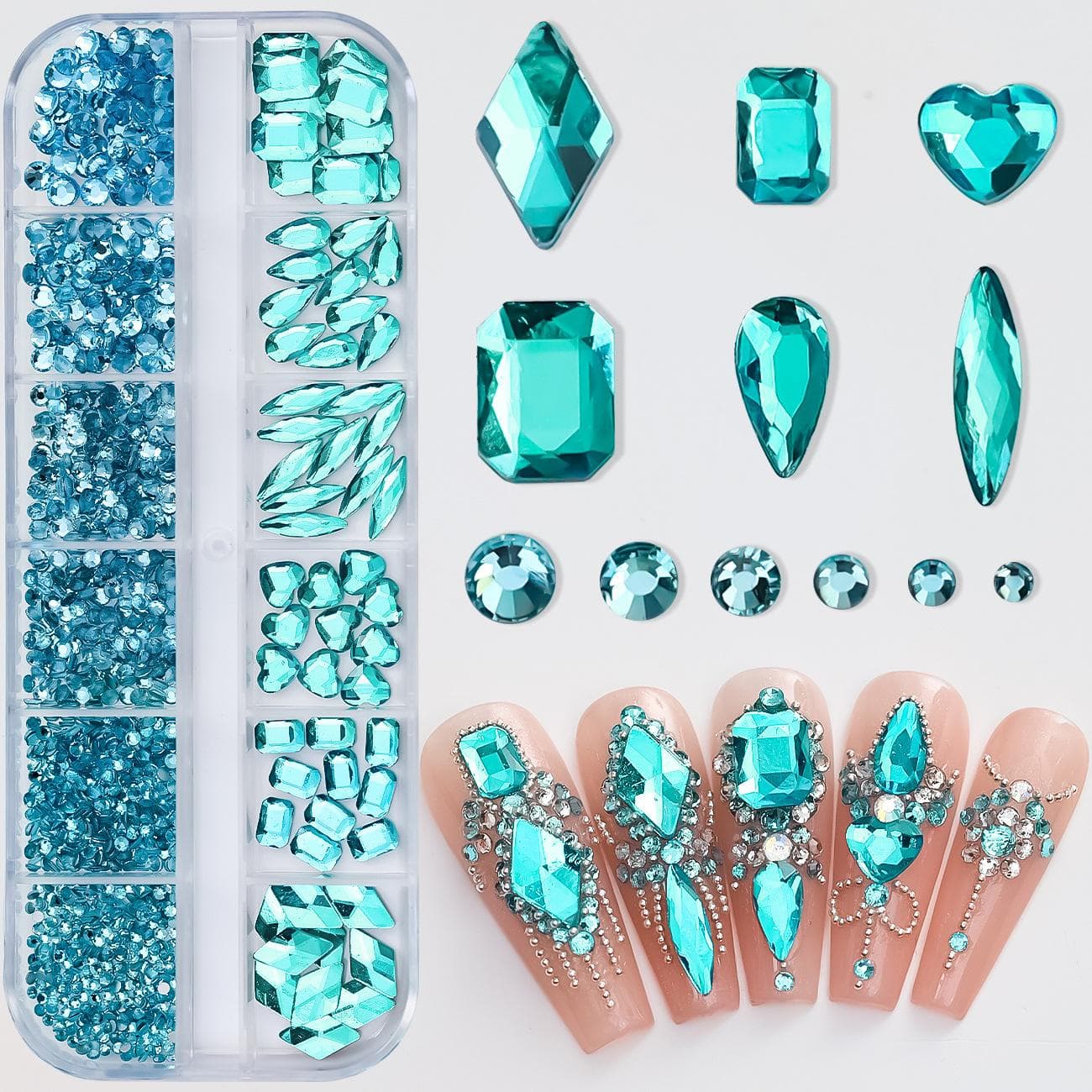 12 Grids Pink Green Nail Rhinestones Luxury Nail Charms Glitter Jewelry Nail Art Decors Manicure Accessories blue