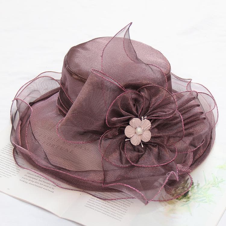 Mesh Flower Organza Sun Hat Wide Brim Derby Hat Solid Color Breathable Elegant Church Hat Wedding Bridal Bucket Hat Beach Hats for Women Adjustable