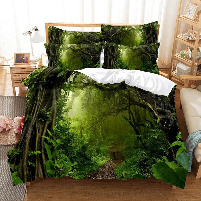 Modern Green Forest Landscape Digital Printing Bedding Set 3D Fashion Design Down Bed Cover Pillowcase 2-3 Pieces Home Textile 140x200cm 3pcs