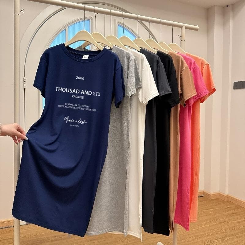 Short-sleeved Dresses Women's Summer Plus Size Medium-length T-shirt Dress Knee-length Casual Long Dress XL Dark blue