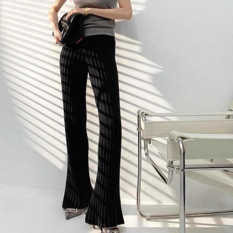 Casual Thick Knitted Women Pants Elastic High Waist Loose Female Wide Leg Pant Long Trousers Autumn Winter Striped Pantalon One size black
