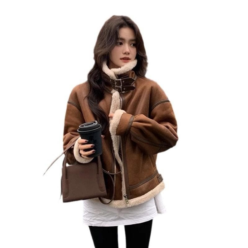Fur One-piece Lamb Wool Coat Women's Suede Vintage Motorcycle Jacket Fur Coat S