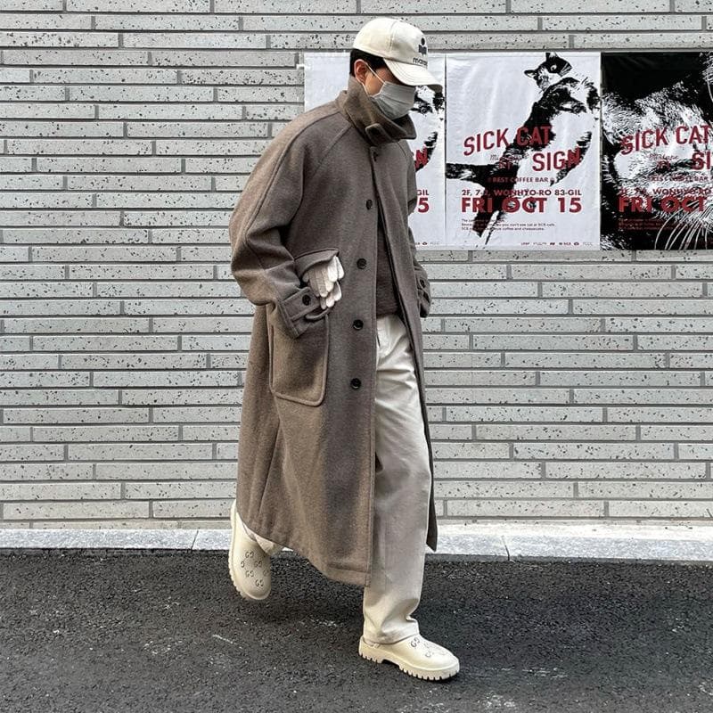 Lapel H-shaped Woolen Coat Men's Winter Thickened Mid-length Coat Korean Style Loose Woolen Windbreaker M