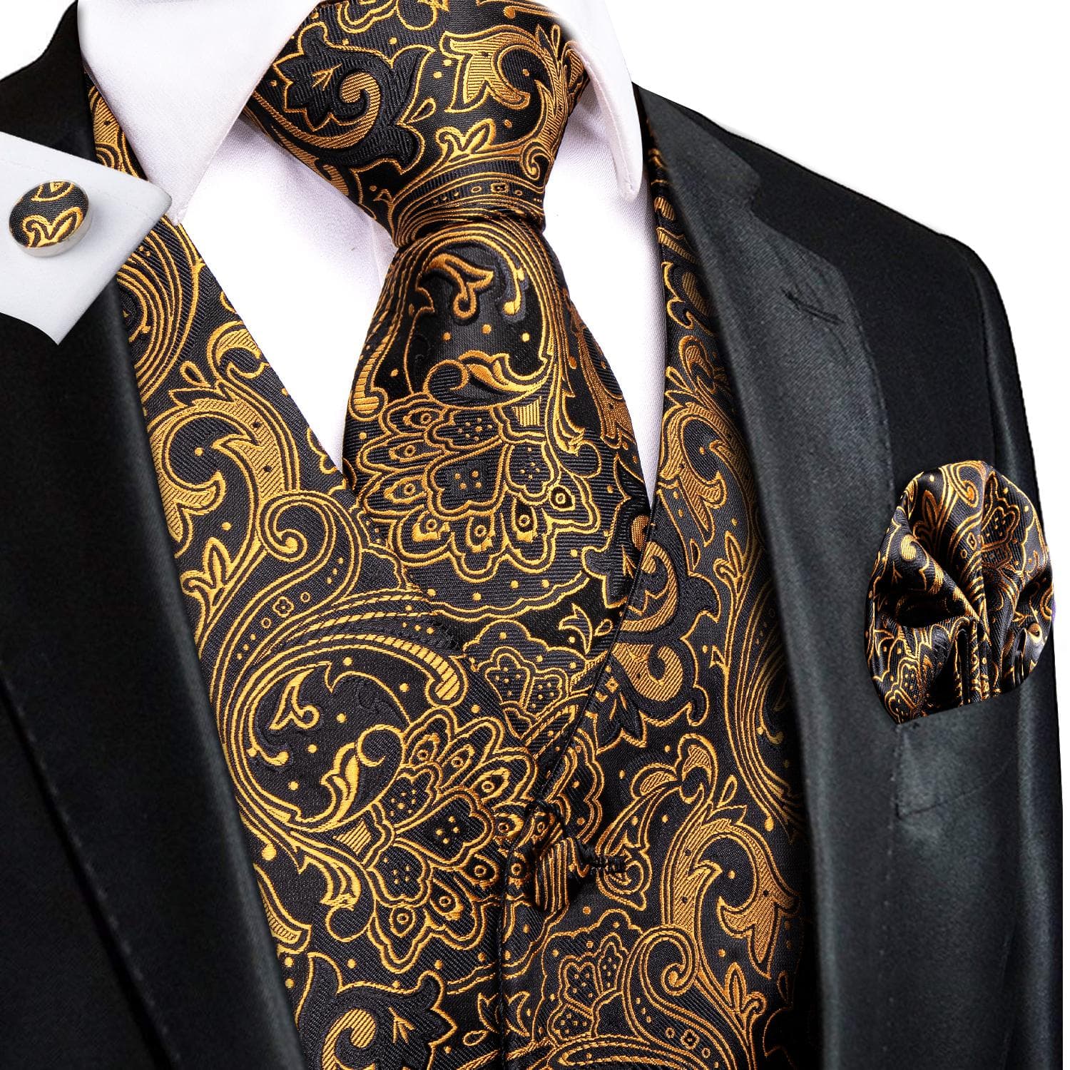 Hi-Tie Tuxedo waistcoat for Men Suit Vest Necktie Handkerchief Cufflinks Set for Wedding Business M
