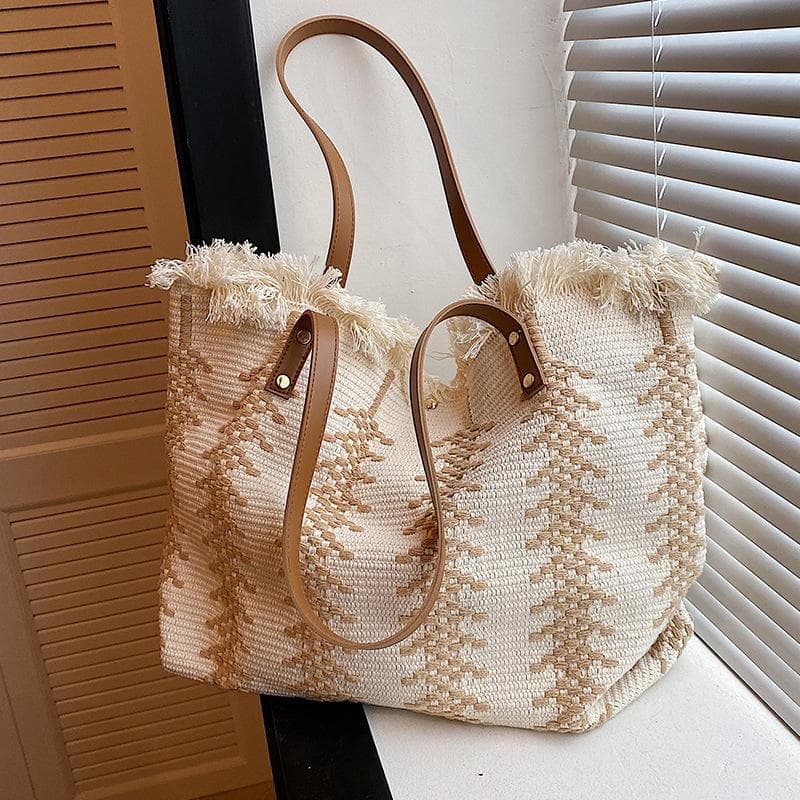 Large-capacity Canvas Bag, Tote Bag, Tassel Cotton and Linen Woven Women's Bag, Simple and Versatile Commuting Single-shoulder Bag 50*36*14cm khaki