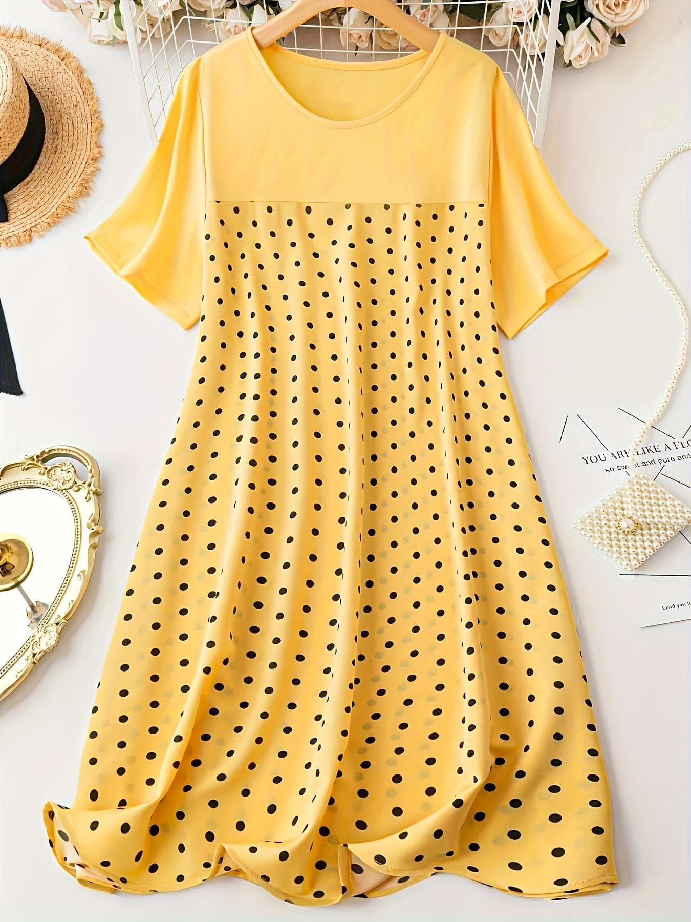 Plus Size Polka Dot Print Dress, Casual Crew Neck Short Sleeve Dress, Women's Plus Size Clothing XXXXXL lemon yellow