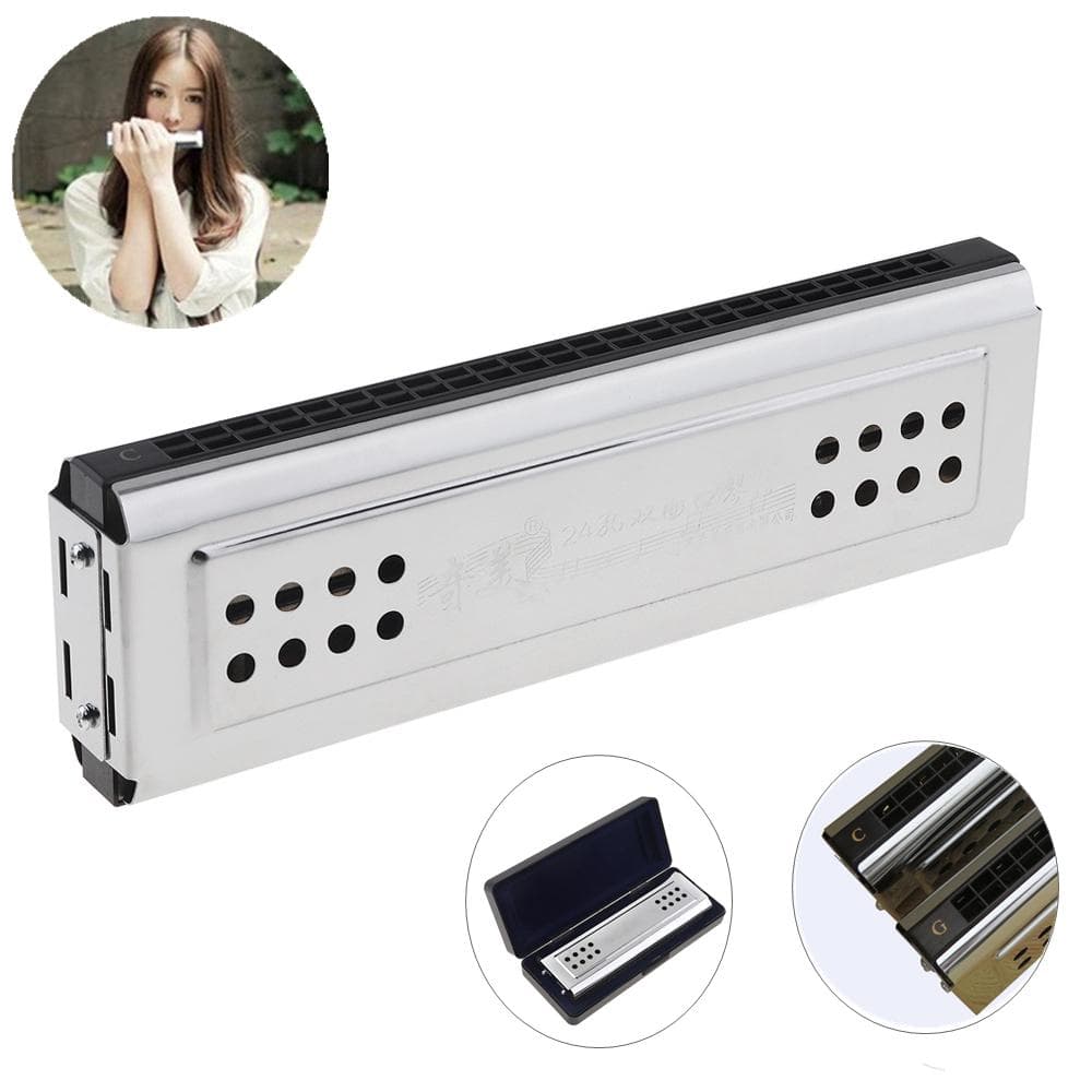 Professional 24 Holes Key Of C&G Silver Double-side Tremolo Harmonica for Beginners