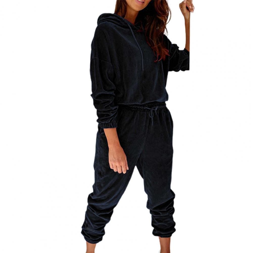 1 Set Sweatshirt Sweatpants Solid Color Elastic Cuff Autumn Winter Thick Warm Pullover Pants for Daily Wear XXL black