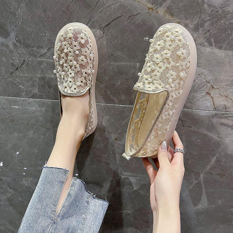 Mesh Embroidery Soft Bottom Hollow-out Flat Shoes Women's Cloth Shoes Shallow Mouth One Foot on Bean Shoes Simple Casual Spring and Summer 40 apricot