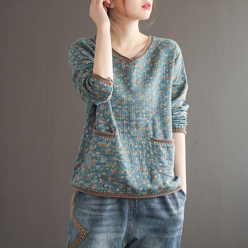 Oversized Vintage T Shirt Women Cotton Linen T-Shirt Long Sleeve Floral Loose Tee Shirt Woman Autumn Tshirt Ladies Tops Casual 2XL blue
