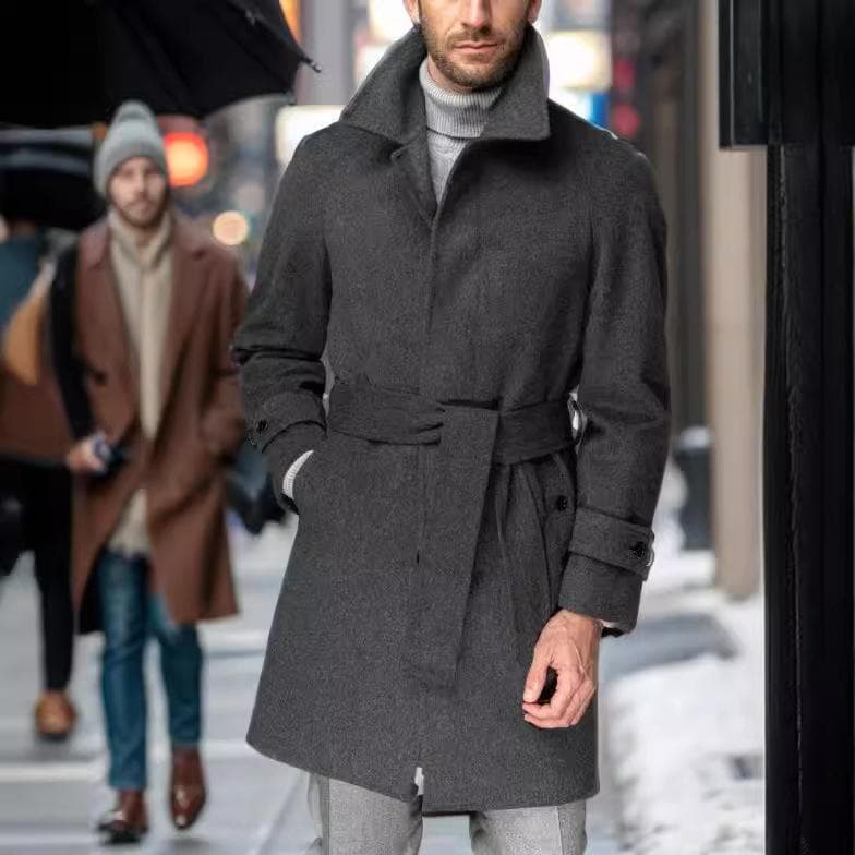Autumn and Winter Men's Raglan Sleeve Wool Coat Fashionable Lapel Mid-length Woolen Coat Belt Casual Coat 2XL