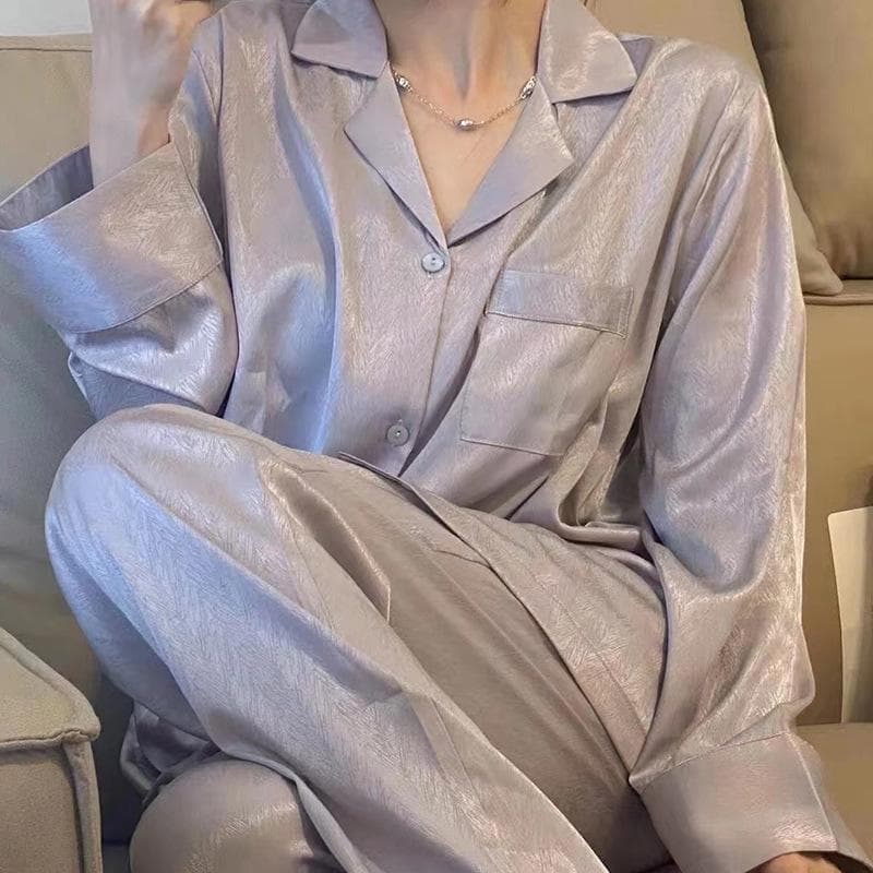 Autumn Ice Silk Pajamas Women Long Sleeve Pants Herringbone Jacquard Homewear Set Mujer Sexy Pijamas Loose Thin Sleep Loungewear M purple