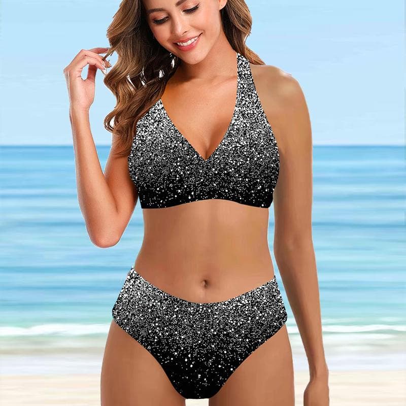 Women's Swimwear Bikini 2 Piece Swimsuit Backless Halter Beach Wear Silver Sequins Print Bathing Suits 4XL grey