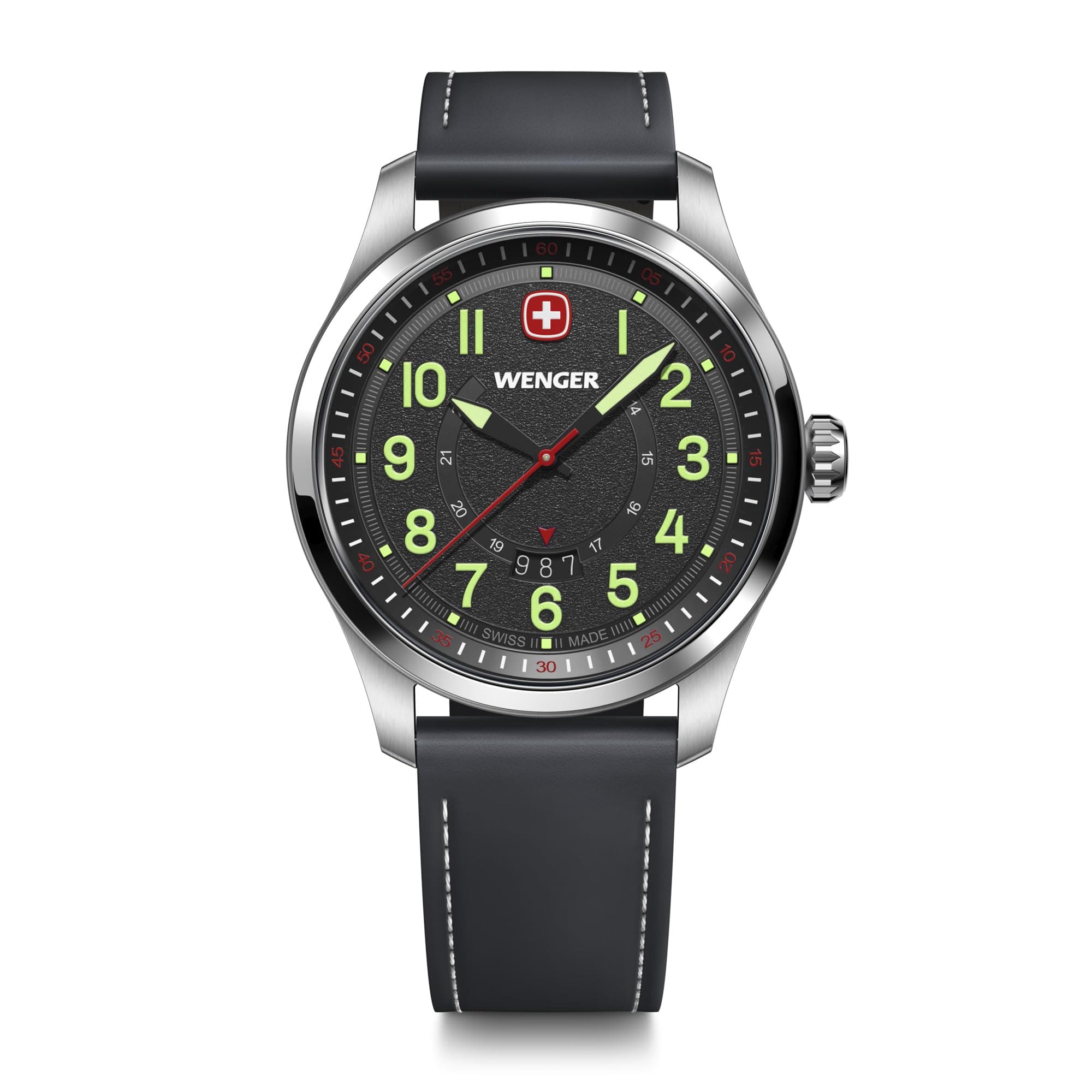 WENGER TERRAGRAPH Stainless Steel Case Black Black Leather Quartz 100m Water Gift Idea Men's Watch