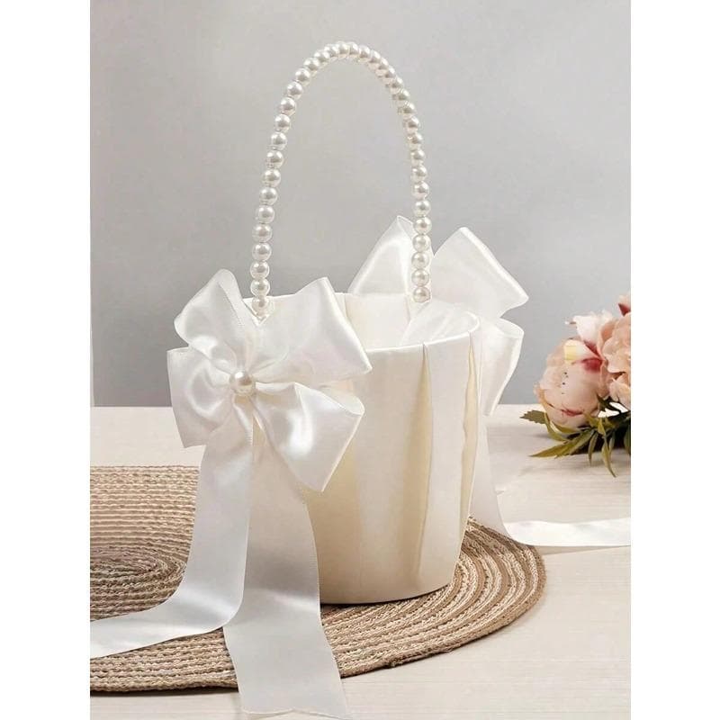 1PC Bow Faux Pearl Wedding Flower Basket - White Bow Flower Basket, Satin Flower Basket, Suitable For Wedding Party Decoration one-size multicolour