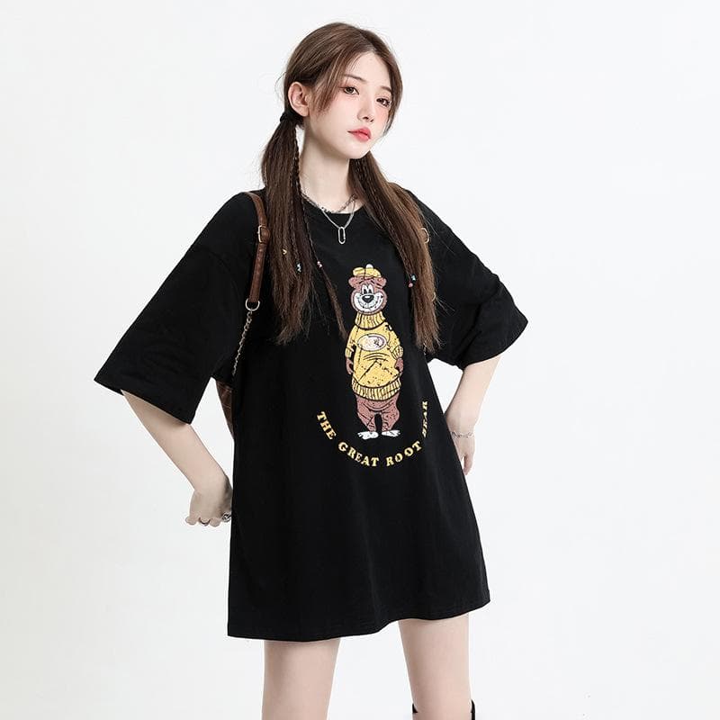 Pure Cotton Couple's T-shirt for Women and Men of The Same Style, New Summer Creative Printing Loose and Thin Round Neck Short-sleeved Shirt XL black