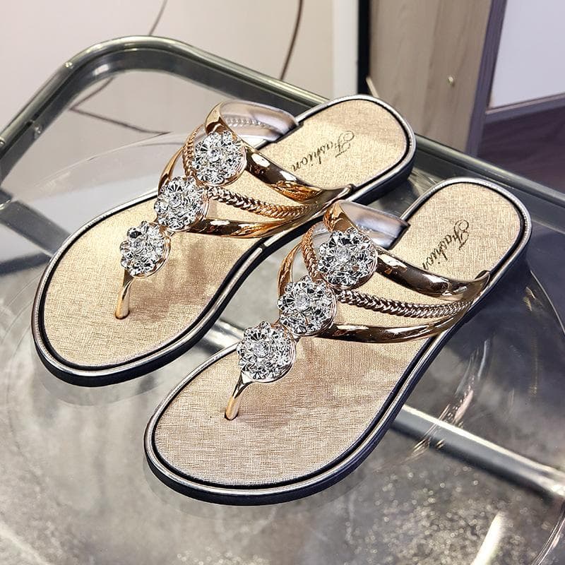 Crystal Luxury Slippers Flats Women Shoes Flip Flops Sandals Casual Summer Fashion Outdoor Walking 36 gold