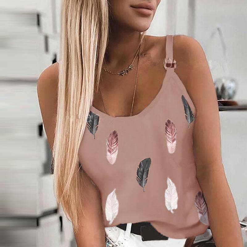 New Women Fashion Summer Casual Feather Print Spaghetti Straps Sleeveless Tank Tops XL pink