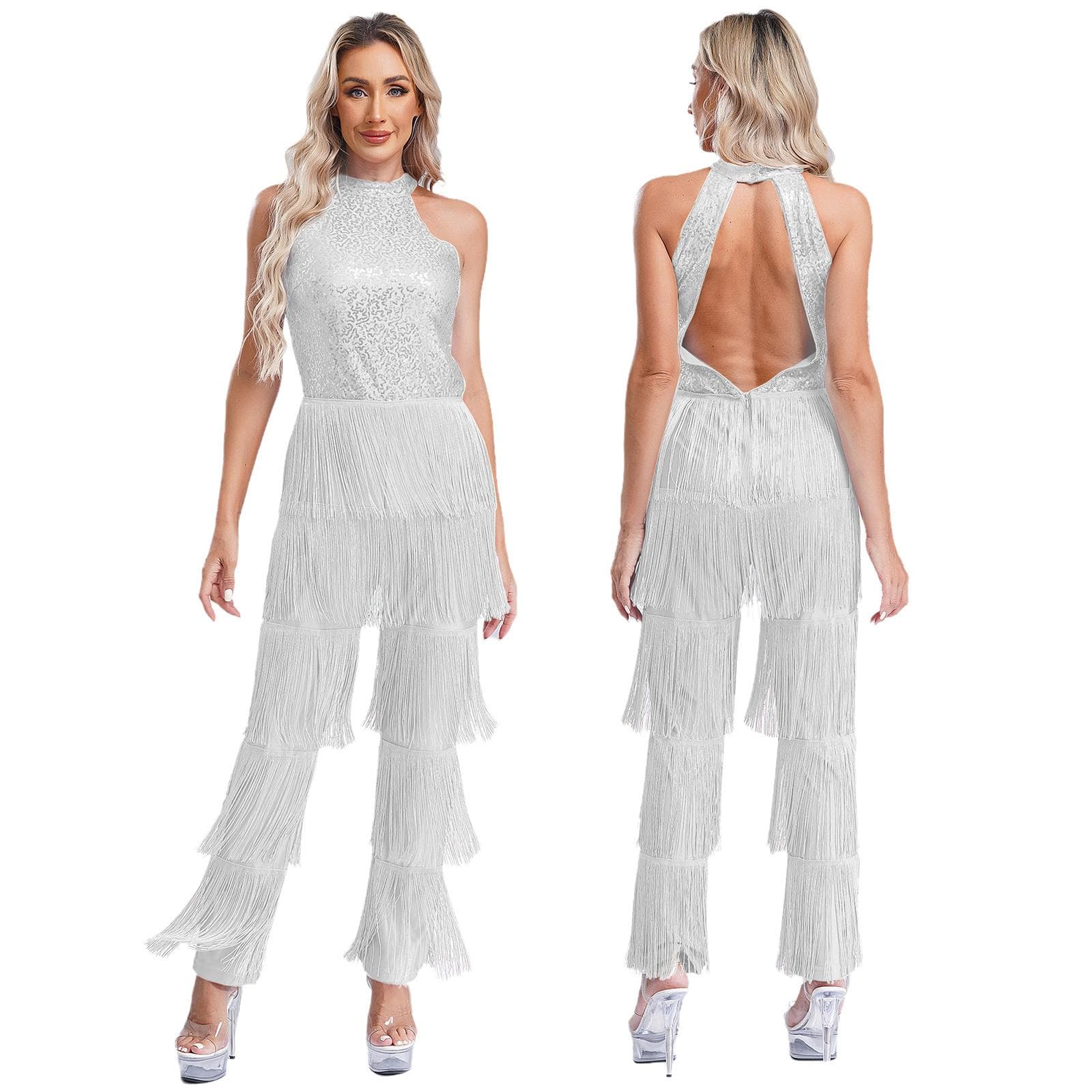 Women Sleeveless Jazz Costume Flowy Tassel Rompers Performance Dancewear Fringe Jumpsuit Tango Cha-Cha Samba Dancing Party Dress XL silver