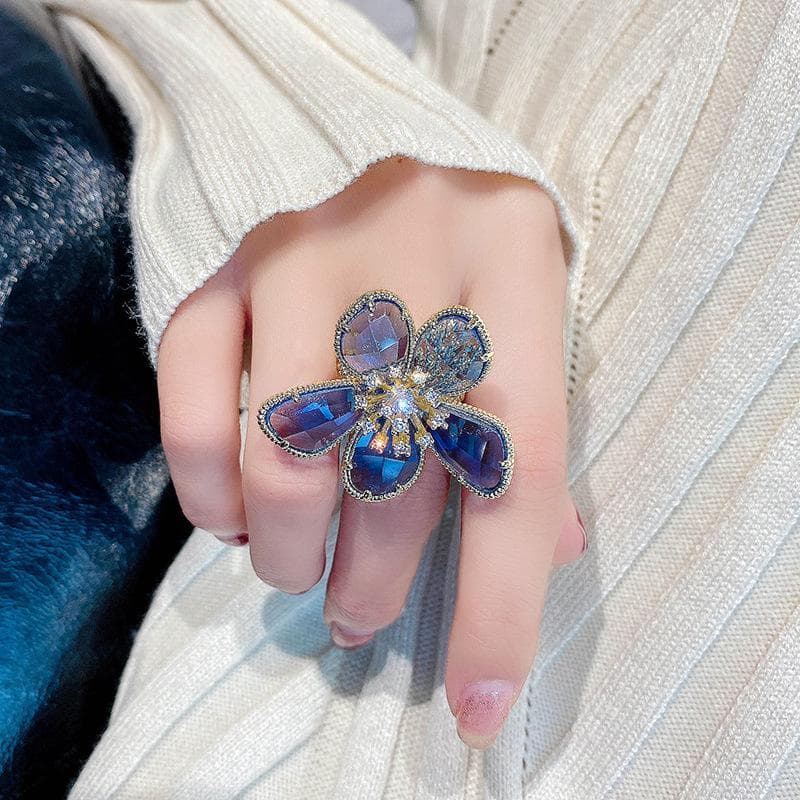 Exquisite Two Tone Floral Flower Ring Fashion Big Petal Ring Jewelry Anniversary Gift Engagement Wedding Rings for Women blue